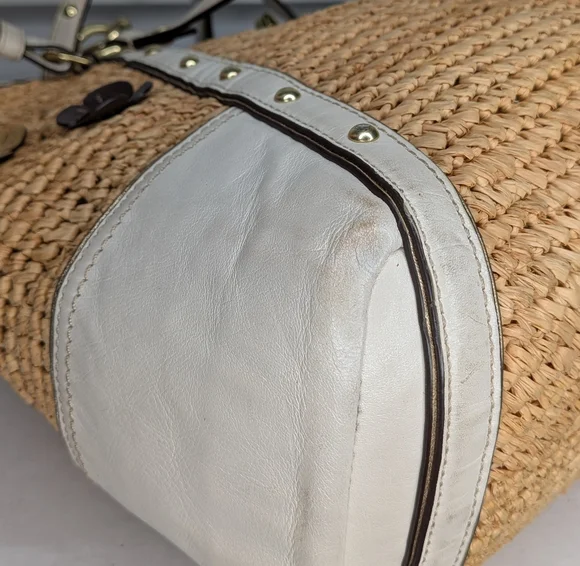 Coach Straw Tote Floral Appliqué Natalie Hampton 16763 Ivory Grey Stud Leather - Picture 14 of 16